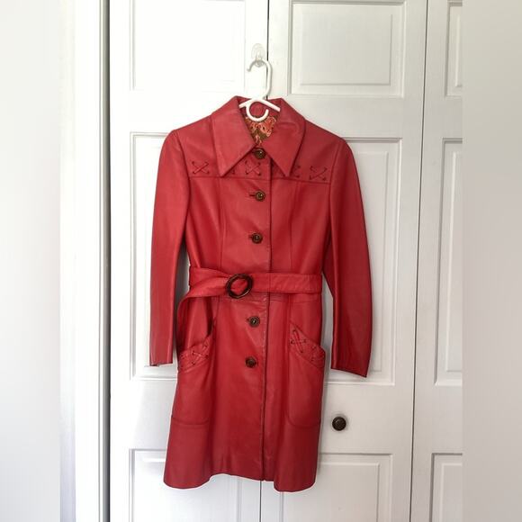 VTG 70s LEDA SPAIN by GROPPER Red 100% Leather Trench Retro Jacket 12 - Picture 4 of 10